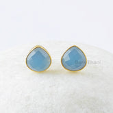 Blue Chalcedony Stud Earrings, Blue Chalcedony 9mm Heart Sterling Silver Earrings, Gemstone Earrings, Gold Plated Earrings, Valentines Gift